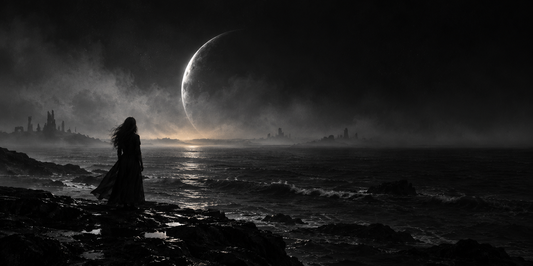 A lone silhouette by a dark sea beneath a distant crescent planet